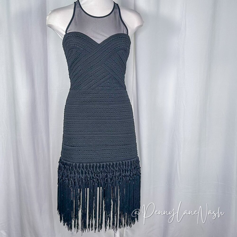 Parker Gabe Black Fringe Fitted Body Con Bandage Flapper Dress - Picture 2 of 15